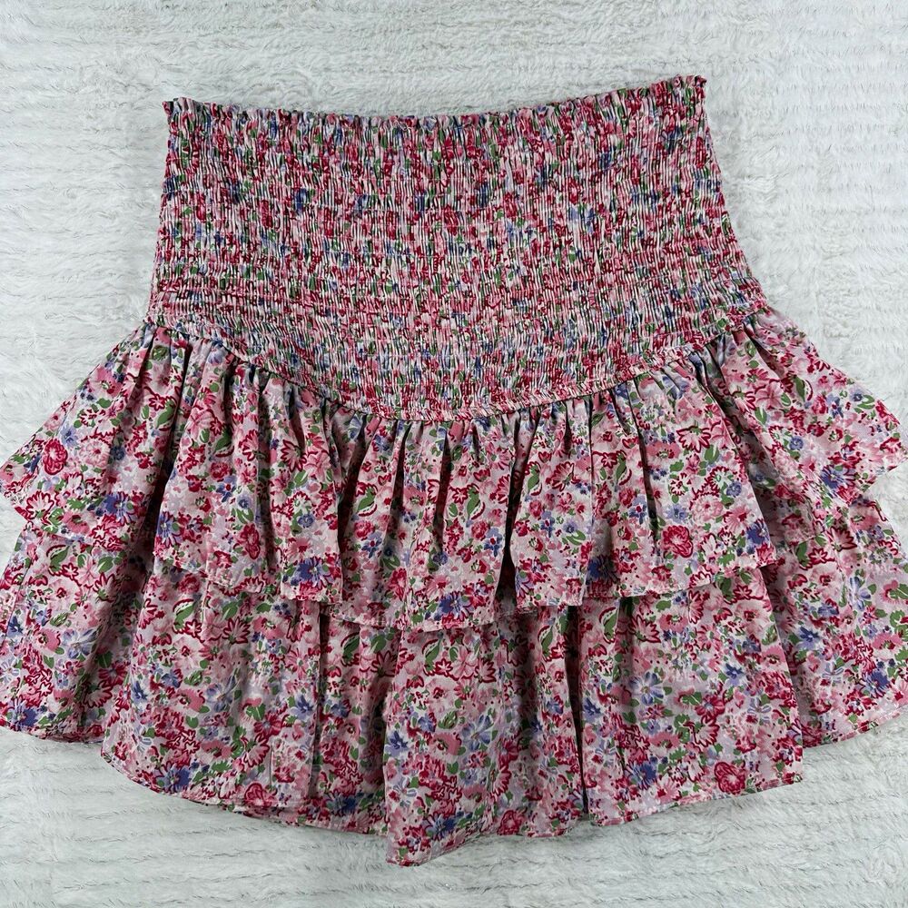 NWT Entro Pink Floral Cotton Mini Skirt Smocked Elastic Waist Size M